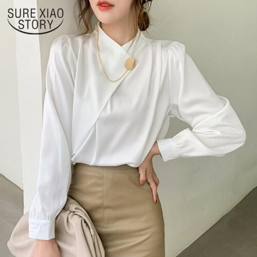 Office Lady Stand Collar Solid Shirts Women 2021 New Elegant Chiffon Women Blouse and Tops Puff Sleeve Female Clothing 13105