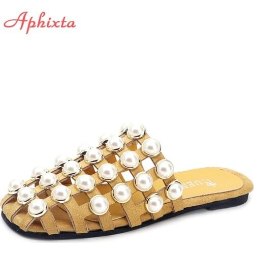 Aphixta Summer Beach Women Flat with slipper Pearl Rubber Bottom Women Shoes Outside Fashion Yellow Checkered Slippers