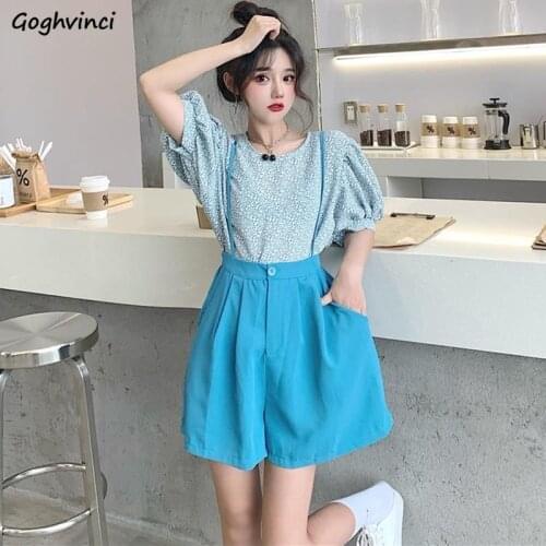 Sets Women Puff Sleeve Summer Female Print T-shirts Chic Loose Lovely Girlish Overalls Ulzzang Causal Sweet Retro New Two Piece