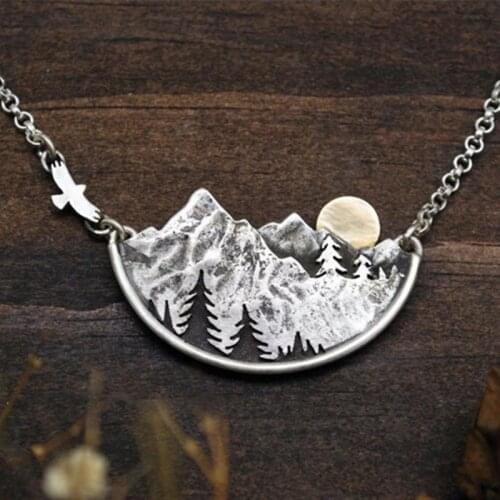 Adventure Awaits Mountain Landscape Necklace Gold Sun Flying Bird and Pine Trees Pendant Necklaces For Women Fashion Jewelry