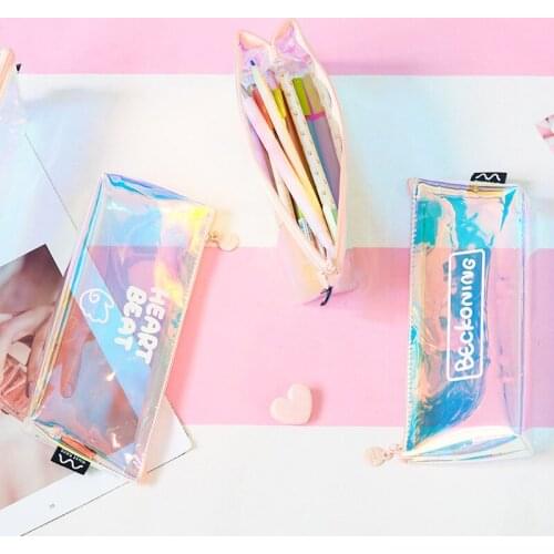 1pcs Korea Creative Laser Transparent Pencil Bag Small Fresh Student Stationery Box Mai and Heartbeat Trapezoidal Pencil Case