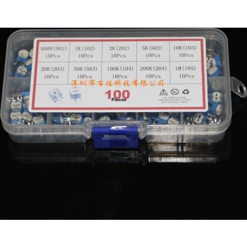 100pcs Free freight Vertical 10 Specifications 6MM Rm063 Blue and White Adjustable Resistor Pack Box Set DIY Accessories