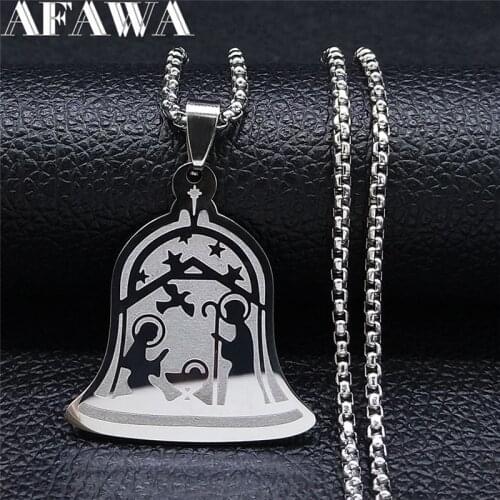 2021 Easter Nativity Wooden Manger Creche Stainless Steel Bells Necklace Women/Men Jewelry acier inoxydable bijoux N2227S02