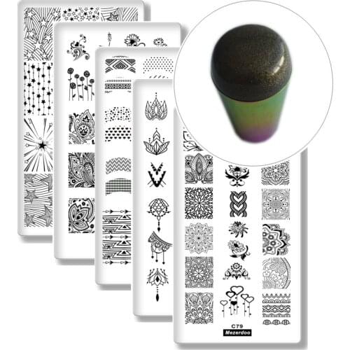 5Pcs Flower Tower Pattern Nail Stamping Plates+ 1 Rainbow Nail Art Stamp Template Image Plate Stencils Tool Kits