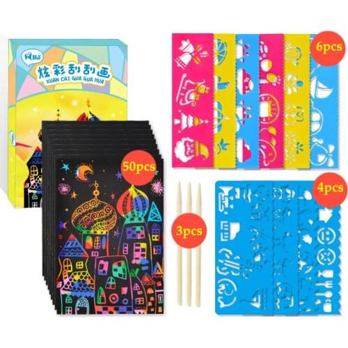 64pcs/set Magic Color Rainbow Scratch Art Paper Card with Graffiti Stencil for Drawing Stick DIY Art Painting Toy for Children