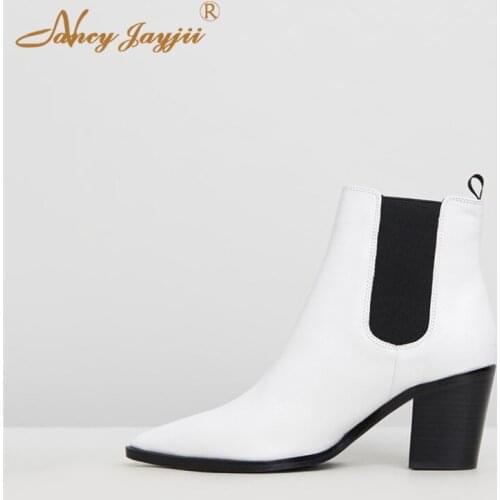 White Ankle Chelsea Boots Woman Pointed Toe High Thick Heels Elastic Band For Ladies Spring Autumn Booties Large Size 13 Casual