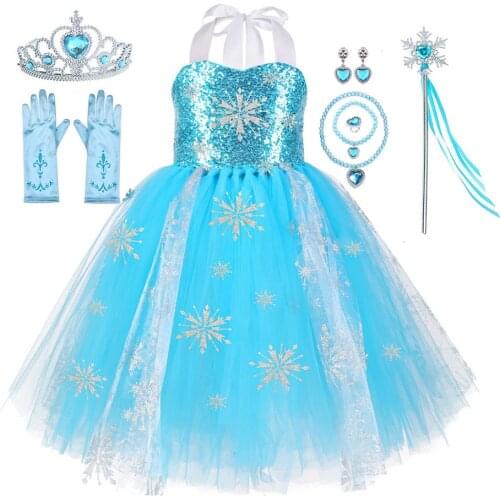 Sequins Snowflake Wedding Tutu Dresses for Kids Birthday Party Backless Mesh Frock Children Halloween Elsa Cosplay Costumes