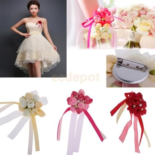 Wedding Groom Bride Boutonniere Corsage Flower Wrist Brooch Pin Ribbon