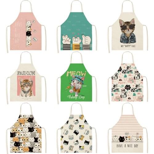 Women Kitchen Apron Cotton Linen Cartoon Cat Printed Sleeveless Chef Cooking Aprons Kitchen accessories 68*55cm 0074