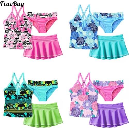 TiaoBug Summer 3Pcs Kid Girls Floral Print Swimsuit V Neck Straps Sleeveless Top With Skirt And Briefs Set Beach Bikini Swimwear
