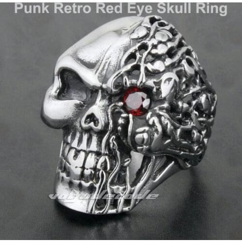 Punk Retro Fashion Ring Solid 316L Stainless Steel Cool Mens Biker Red Eye Skull Blood Ring 2N001