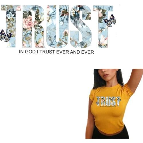 TRUST Blue Color Letter Patches For Clothing DIY Women T-shirt Dress Fashion Flower Butterfly Accessory Iron On Heat Transfers