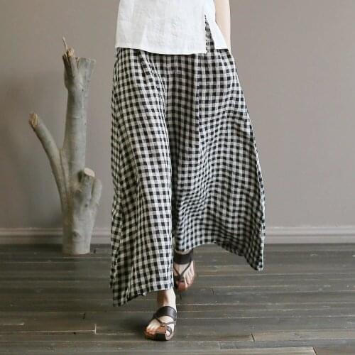 Qaturalan 2018 Wide Leg Casual Pants Office Lady Women 100% Linen Plaid Print Holiday Pants Woman Summer High Waisted Trousers