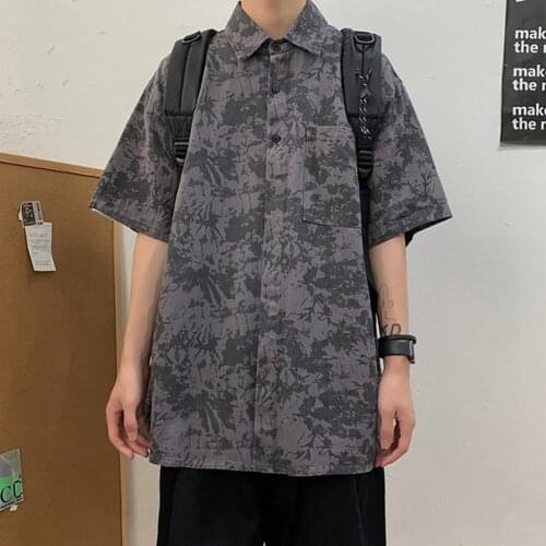 Shirts Men Fashion Tie-dye Short Sleeves Turn-down Collar Men Loose Casual Top Blouse Shirt Mens Clothing 2021