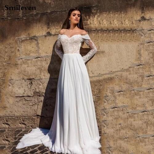 Smileven Sexy Beach Wedding Dress Long Sleeve Chiffon Appliques Bride Dresses Off The Shoulder Vestido De noiva Wedding Gowns