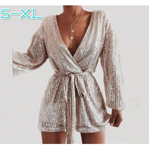 Sexy Women Playsuit Sequins Long Sleeve Bodycon Jumpsuit Female Romper Solid Color Lady Jumpsuits Womens Clothing Party Playsuit