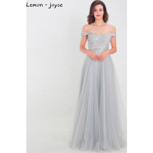 Lemon joyce Gray Formal Evening Dresses 2020 Elegant Off the Shoulder Beading Chiffon Prom Party Gowns Plus Size