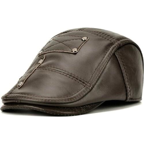 Snapback Cap Natural Genuine Leather Hat Cowhide Berets Adjustable Size personality Winter Mens Plus Velvet Warm Earmuffs Caps