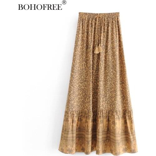 Boho Leaopard Print Maxi Skirts Tassesl Lace Ups Bohemian Vintage Women Fdadal Female Summer Skirts