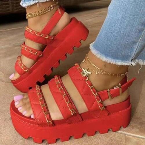 2021 Summer Mid Heel Chain Womens Shoes Solid Color Open Toe Outdoor Sandals Fashion Casual Plus Size 43