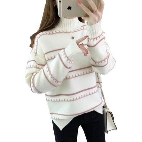 Half high collar Knit Sweater Women 2019 Autumn Winter Bottoming shirt Pullover Loose Fashion Female Stripe Student Sweater H733