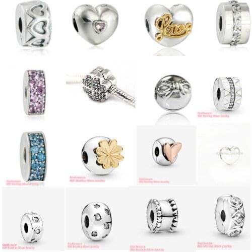 100% 925 Sterling Silver Beads Geometric Shapes Pink Steady Pave CZ Petals Row of Hearts Crown O Sparkling Leaves Clip Charm