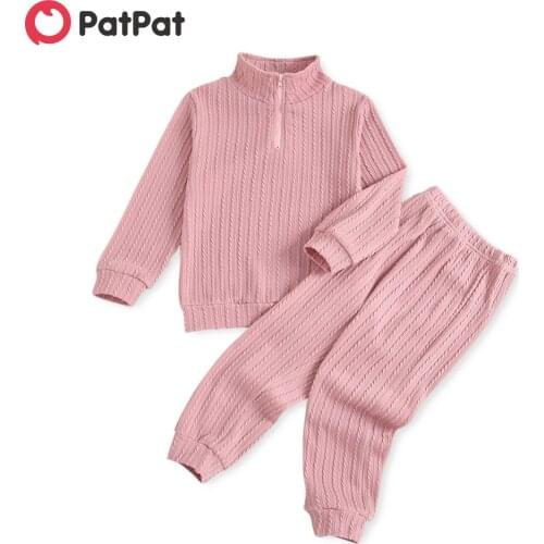 PatPat 2-piece Toddler Girl Stand Collar Zipper Knit Long-sleeve Top and Elasticized Solid Pants Casual Set
