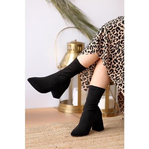 A006-20Siyah Suede Pink Potin Black Suede Women Boots A006-20