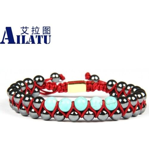 Ailatu Men Double Row Natural Stone Bracleet 6 mm Hematite & Blue Beads Friendship Macrame Jewelry