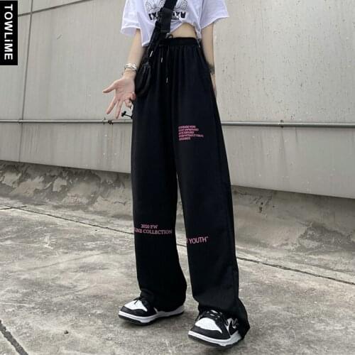 New Fashion Punk Men Women Letter Printed Full Length Wide Leg Pants Korean Streetwear Girls High Waist Pantaloons Sweatpants