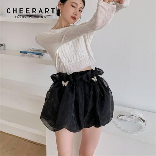 CHEERART Mesh Bloomer Shorts Women Black Summer Puff High Waisted Skirt Shorts Designer Butterfly Drawstring Mini Shorts Korean