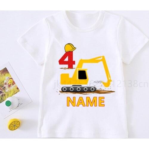 Kids Cartoon Excavator Birthday Number 2-10 Name Print T Shirt Children Birthday T-shirts Boy&Girl Funny Gift Tshirt Present