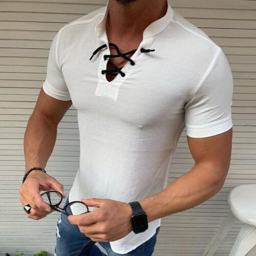Lace Up Neck Stand Collar Tshirts T Shirt Mens Short Sleeve Shirts Summer Men Clothing Streetwear Casual Slim Fit T-Shirts
