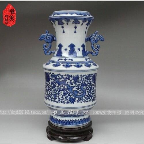 Ceramics green vase home decoration antique blue and white porcelain interaural bottle interlocking lottos