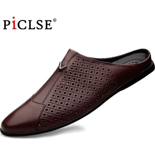 Genuine Leather Men Slippers Casual Leather Shoes Men Sandals Moccasins Men Walking Beach Half Slippers Summer Mules Men Shoes