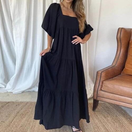 Summer Women Dress Solid Color Puff Sleeve Square Neck Ruffles Hem Back Lace-up Patchwork Dresses Beach Party