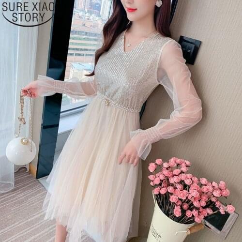 2021 New luxury Fashion beading Sequined Dress Sweet Mesh Dress Women Long Sleeve Apricot Dresses Autumn V-neck Vestidos 12028