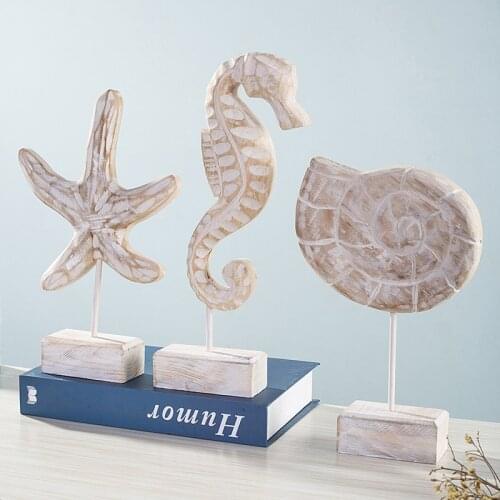 Mediterranean Style Wood Crafts Starfish Conch Hippocampus Wood Carving Marine Home Decor NJ72705