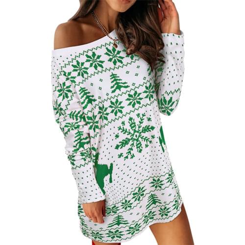 Christmas Ladies Sexy Long Sleeve Dress, Girls Temperament Elk Snowflake Printing Round Collar Knitted Short Skirt
