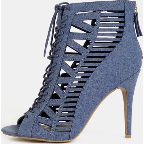Stiletto Heels Gladiator Shoes Peep Toe Hollow Lace Up Sandals Denim High Heels Zip Up Ankle Summer Booties Roman Shoes