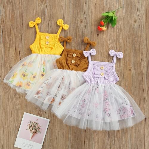 Princess Party Birthday Kids Dresses For Girls Floral Print Sleeveless Stitching Sundress for Summer Ribbed Chiffon Infant Dress