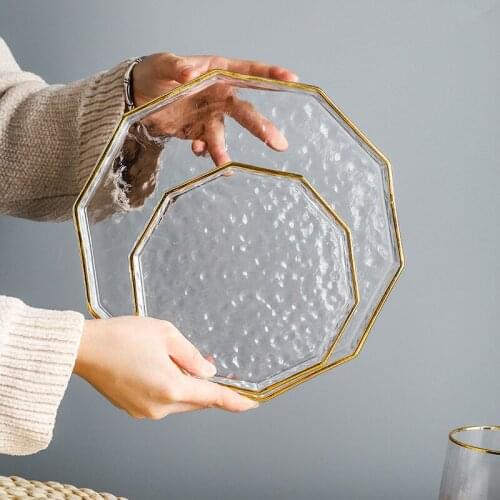 Nordic Glass Plate Irregular Dinner Plates Gold Glass Dishes Creative Salad Fruit Dessert Bowl Transparent Plate Trays Decor