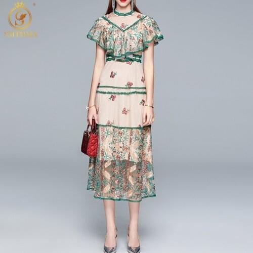 SMTHMA New 2021 Fashion Runway Summer Dresses Women Short Sleeves Flower Embroidery Ruffle Mesh Midi Party Dress Vestidos