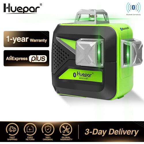 Huepar 3x360 Green Beam 3D Laser Level with Bluetooth Connectivity Self-Leveling Cross Line USB Charge Use Dry & Li-ion Battery
