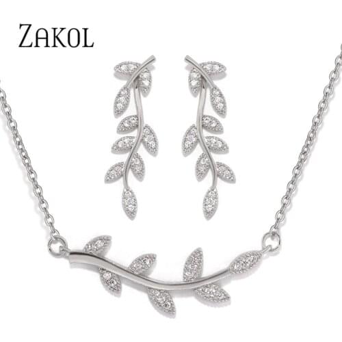 ZAKOL Women Temperament Luxury Jewelry Sets Leaf Shape Pendant Copper Two Colors Necklace/Earrings for Bride Wedding FSSP3202