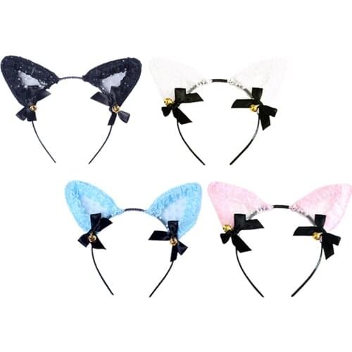 Women Lace Cat Ear Headband Ribbon Bowknot Alice Hair Band Small Bell Aliceband Hairband Cosplay Costumes Photo Props
