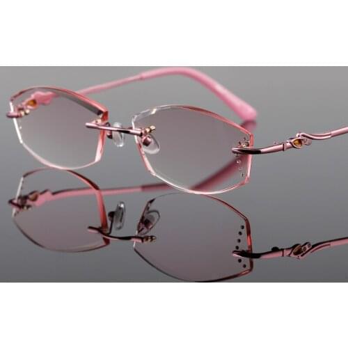 Anti Blue Light Myopia Glasses Women Rimless Reading Eyeglasses Computer Prescription Frameless Pink Diamond Cutting Eyewear