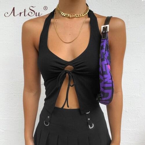 ArtSu Woman V-Neck Halter Sexy Backless Tie Front Tops 2021 Summer Black Crop Tops Club Party Lace Up Fashion Tank Top Tees
