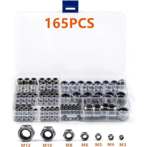 165PCS M3 M4 M5 M6 M8 M10 M12 DIN985 Nut Set Hexagonal Nylon Lock Nut Self-locking Screw Cap Locking Nut Set