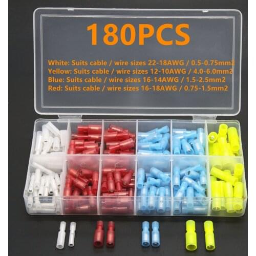 180pcs Female Male Bullet Butt Connector Insulated Crimp Terminals Nylon Terminal Quick Joint Electrical Wire Cable Connectors